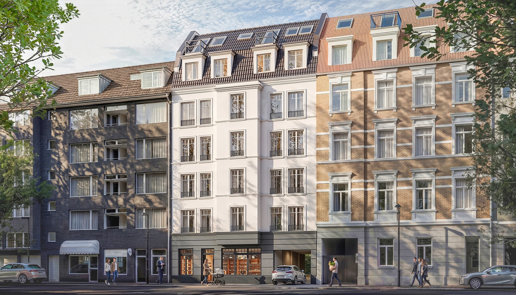 Das Vorderhaus an der Hoffeldstraße bei Tag. Visualisierung.