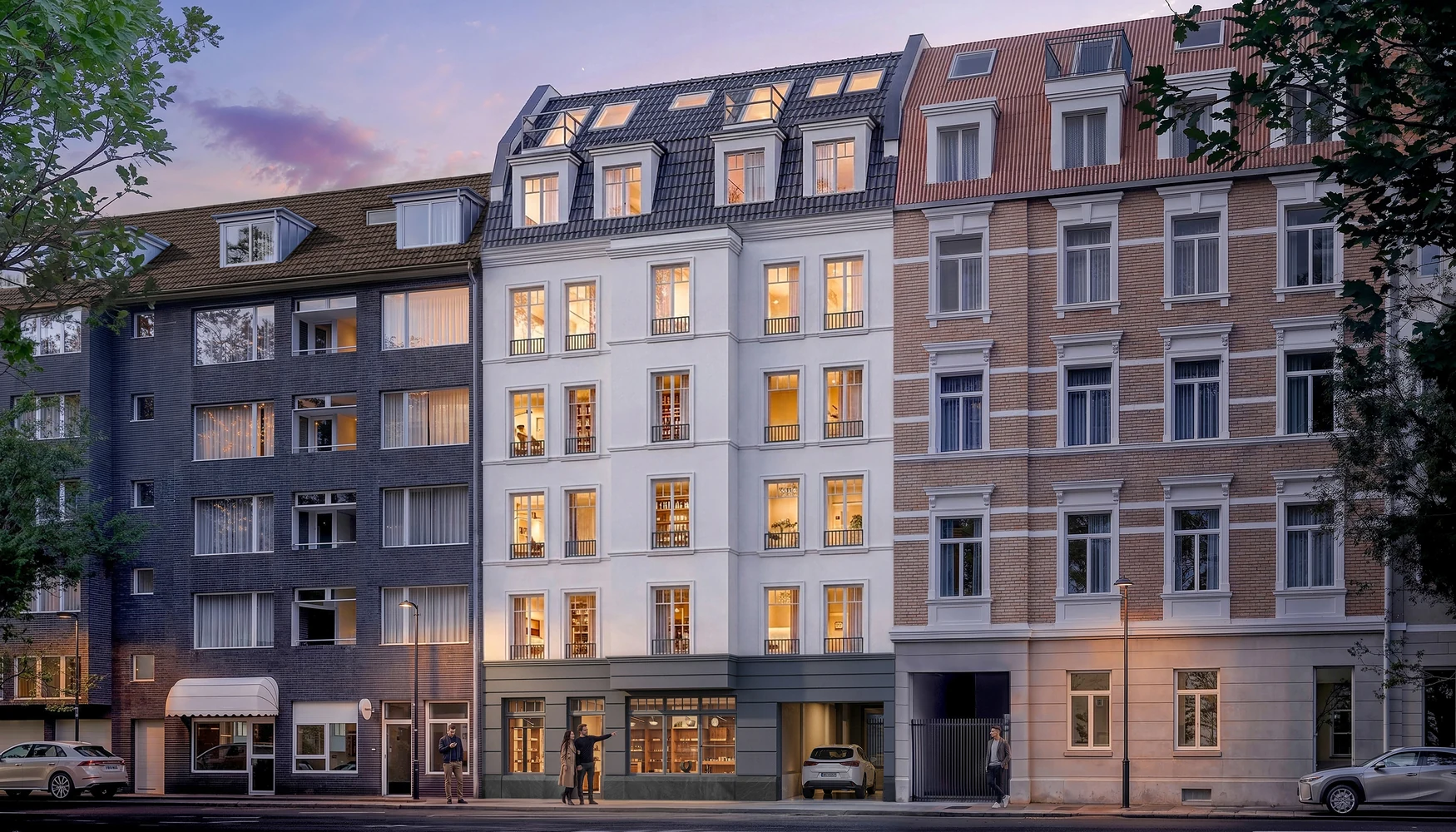 Das Vorderhaus an der Hoffeldstraße bei Nacht. Visualisierung.