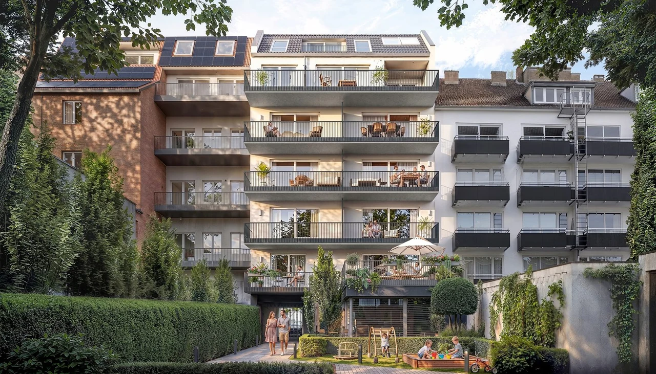 Der gemeinsame Innenhof mit Blick auf das Vorderhaus. Visualisierung.