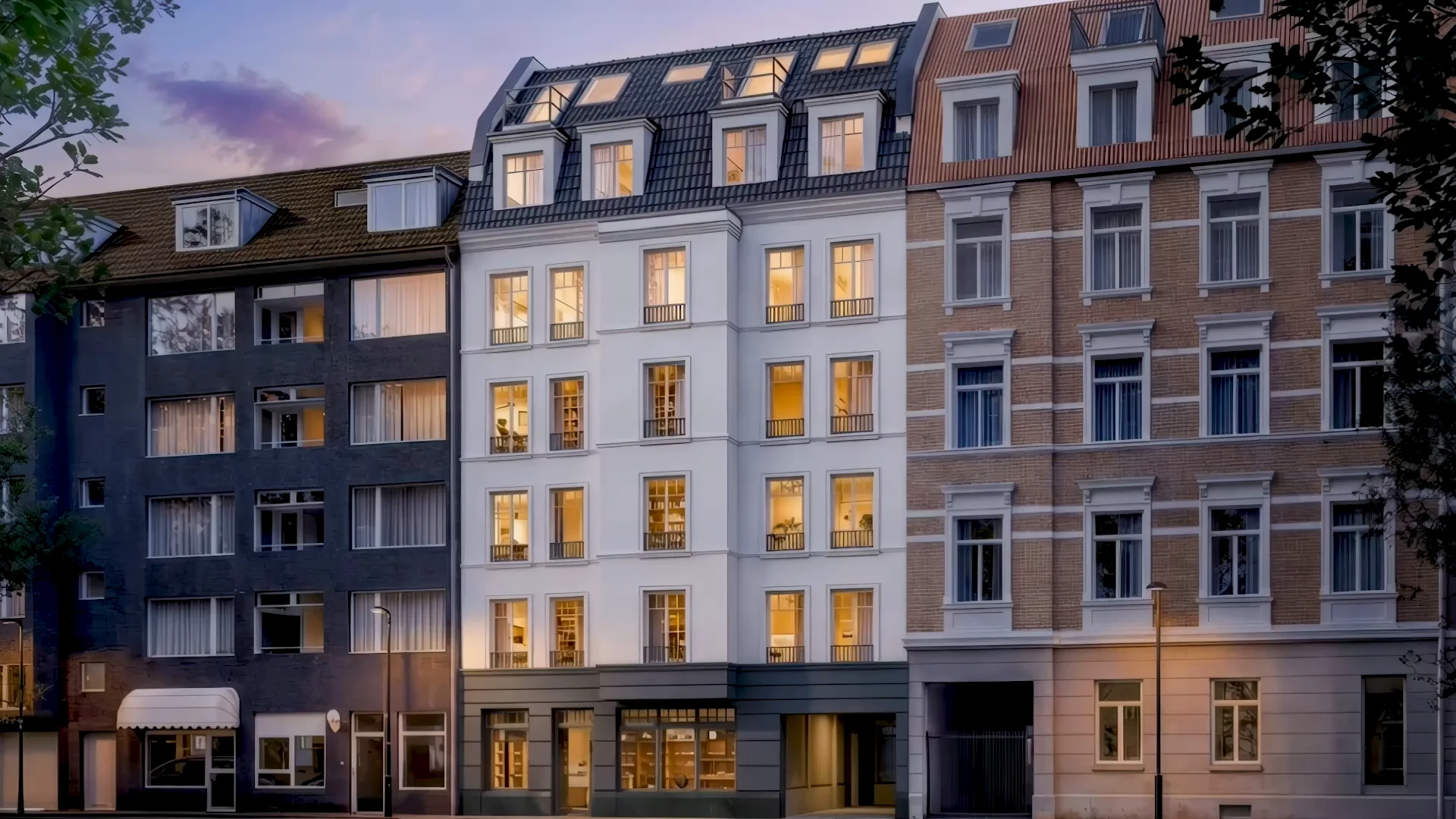 THE43 an der Hoffeldstraße bei Abendlicht. Architekturvisualisierung.