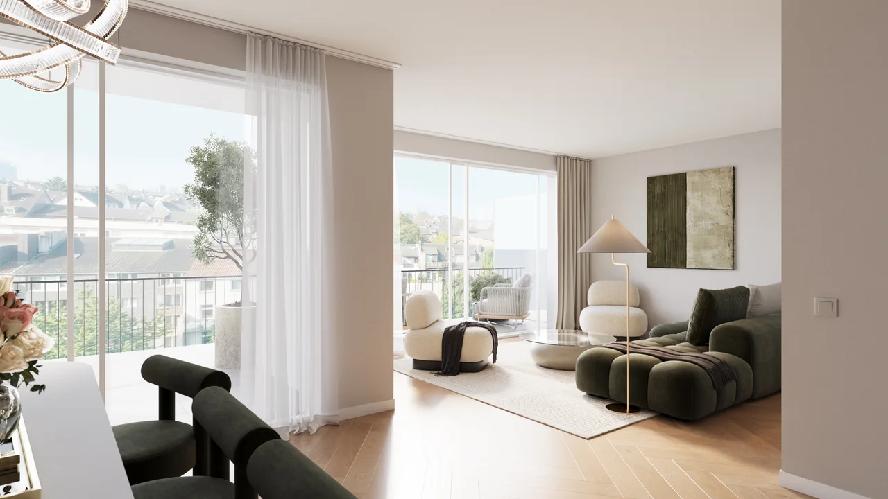 Wohnen mit Blick zur Dachterrasse · Wohnung 1.9. Visualisierung.