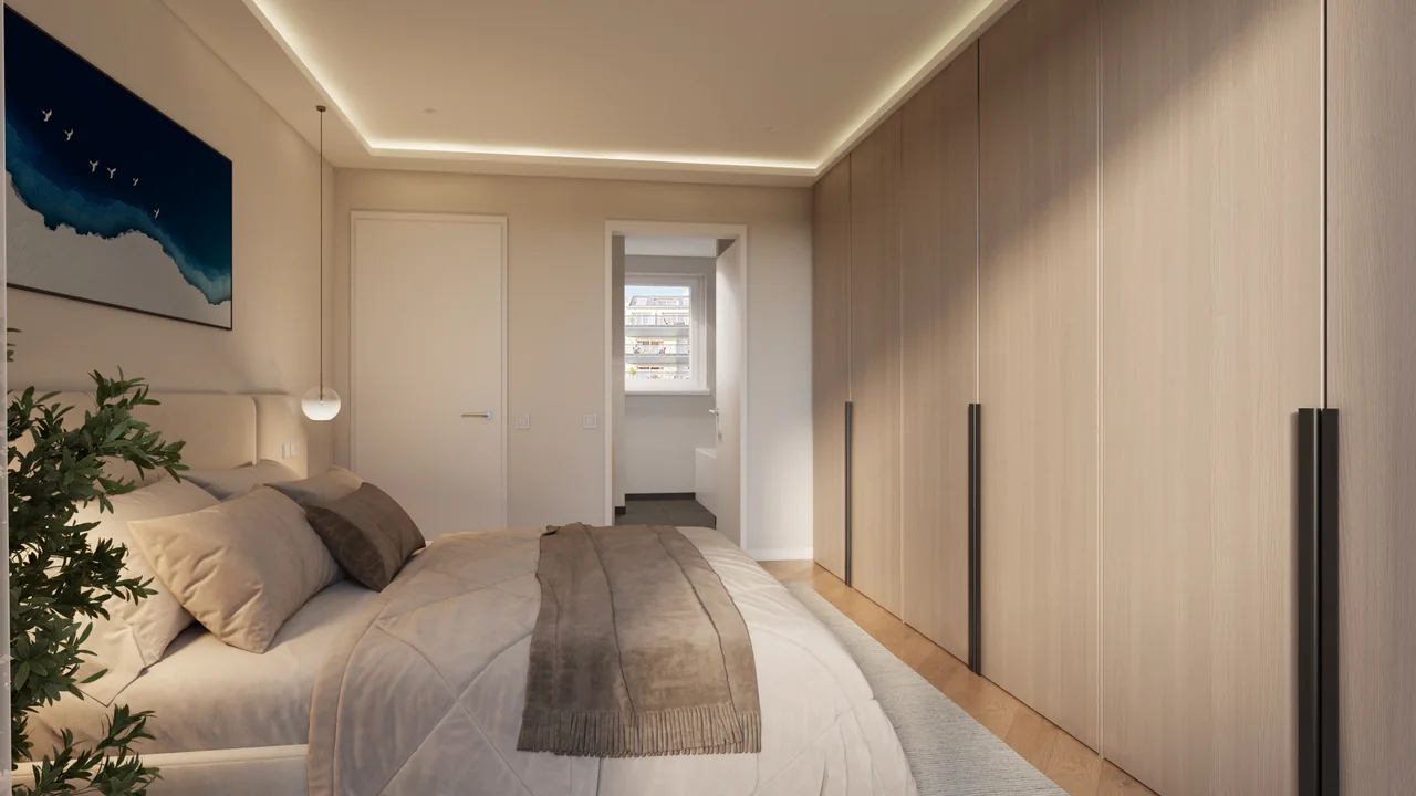 Schlafzimmer mit Blick zum Bad · Stadthaus 43 C. Visualisierung.