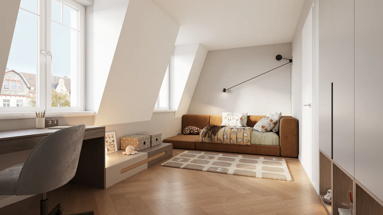 Zimmer im Dachgeschoss · Wohnung 1.10. Visualisierung.