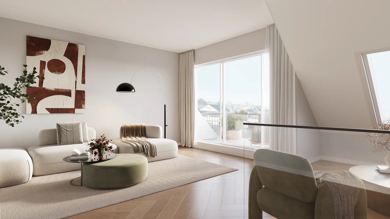 Wohnbereich im Spitzboden · Wohnung 1.10. Visualisierung.
