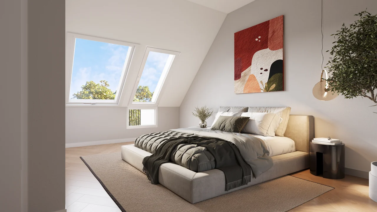Schlafzimmer im Spitzboden · Wohnung 1.10. Visualisierung.