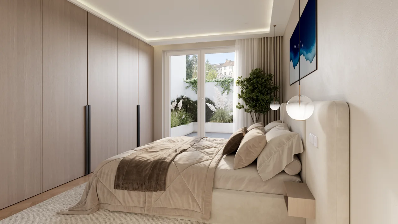 Schlafzimmer mit Terrassenblick · Stadthaus 43 C. Visualisierung.