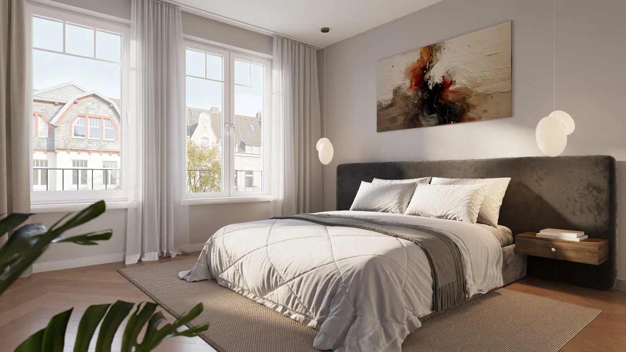 Schlafzimmer mit großen Fenstern, Holzboden und gepolstertem Bett. Beispielvisualisierung.