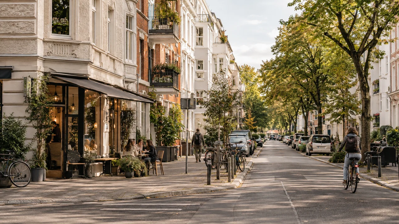 Baumbestandene Wohnstraße mit Café, Altbaufassaden und Fahrrädern. Atmosphärische Illustration.